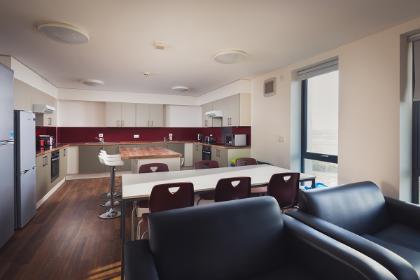 A shared kitchen in Constantine College. Example room layout. Actual layout and furnishings may vary. 